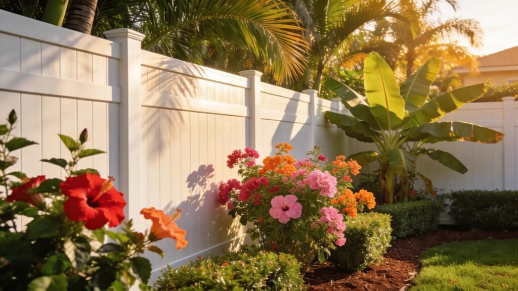 Vibrant image of a premium vinyl fence in a South Florida backyard, enhancing the appeal of residential spaces.