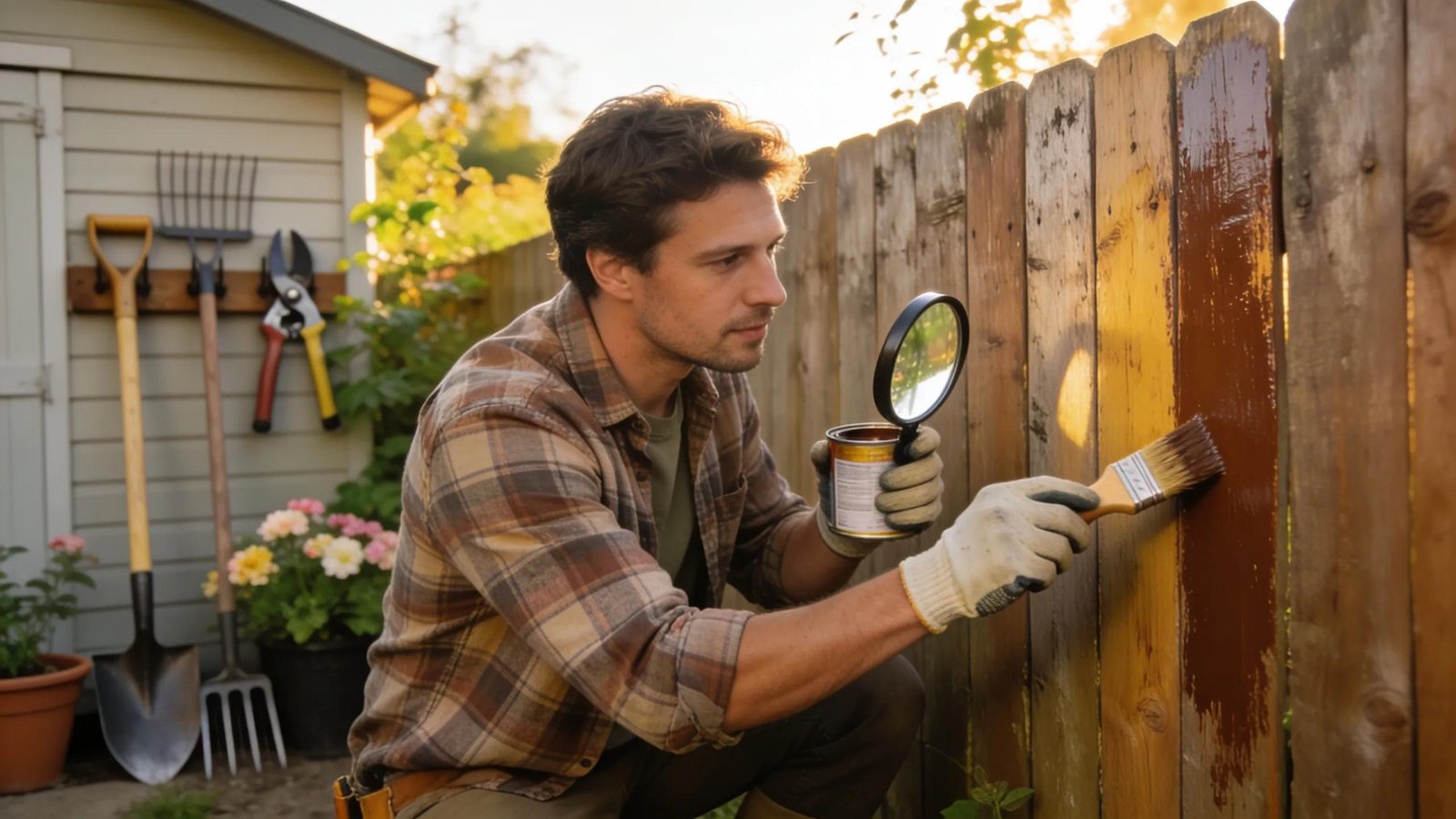 Homeowner maintaining a wooden privacy fence to prolong its life and enhance appearance