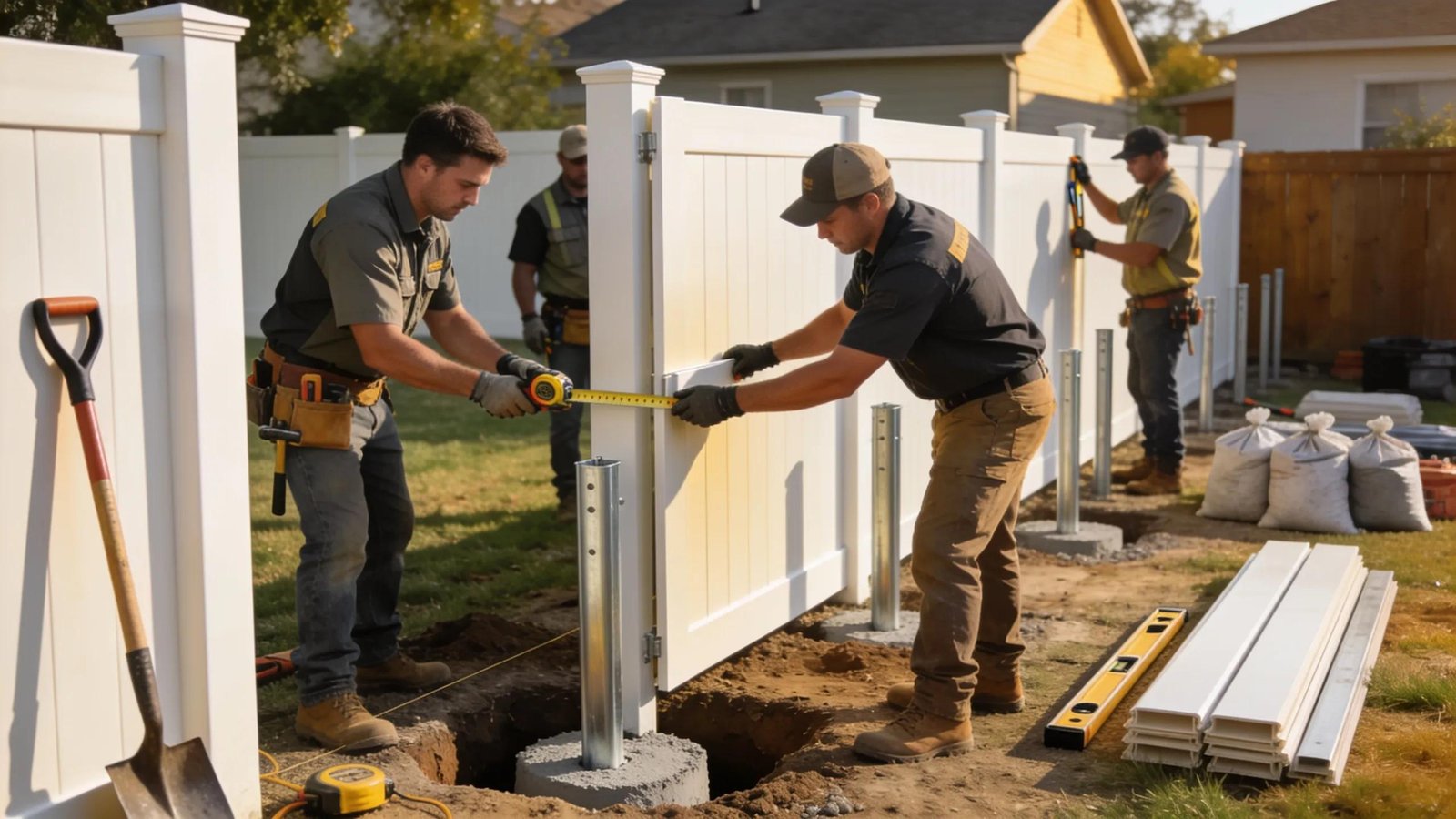 A team of professionals engaged in installing a premium vinyl fence, illustrating the intricate installation process.