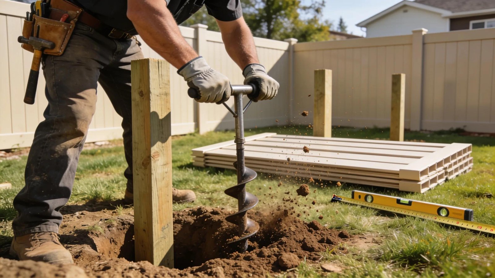 Professional installer demonstrating the process of setting up a privacy fence on site