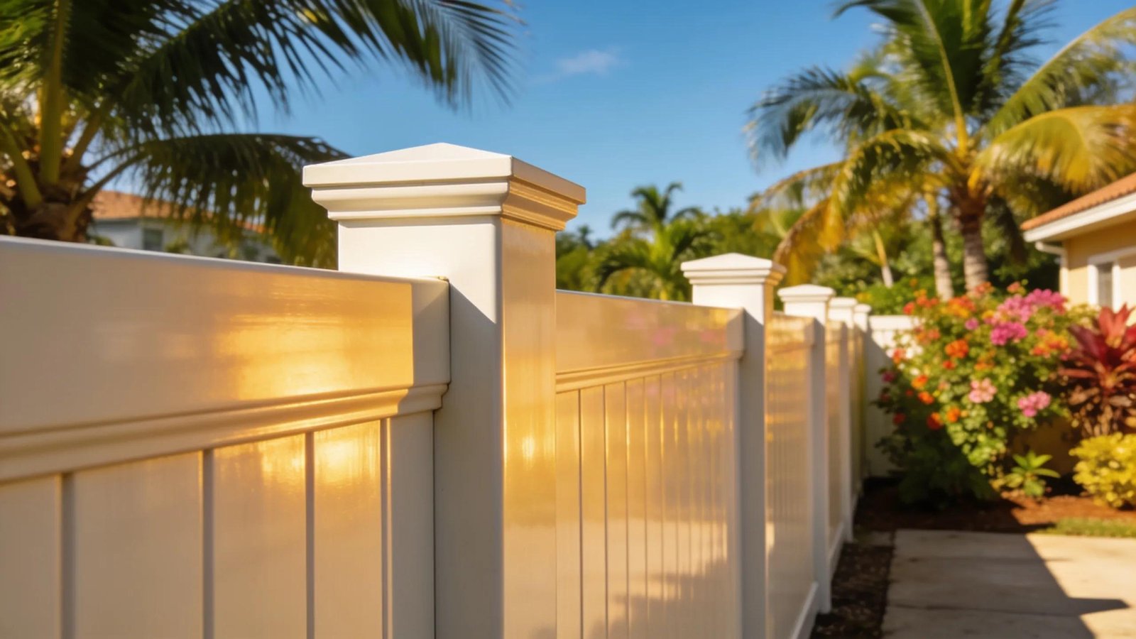 Close-up of a durable premium vinyl fence against a tropical backdrop, showcasing its low maintenance and aesthetic benefits.